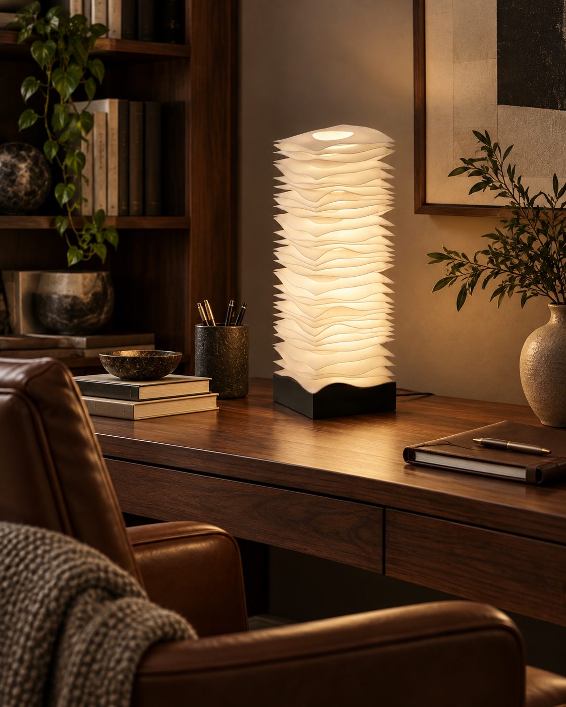 Lámpara Brisa encendida sobre un mueble de madera