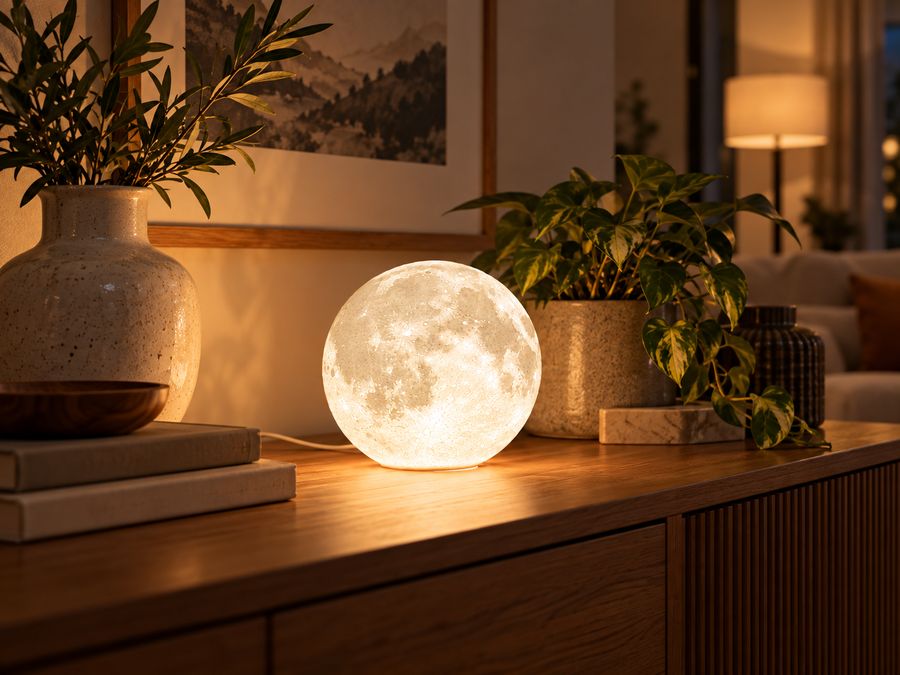 Lámpara Luna encendida sobre una consola de madera, junto a un jarrón y una planta